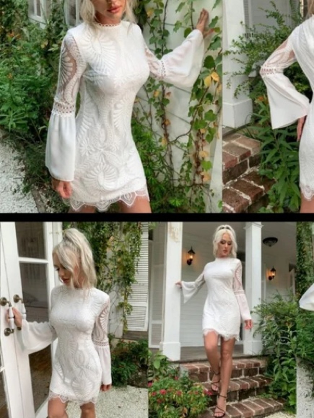 🤍EillyBazar - White Lace Bell-Sleeve Dress - Size M